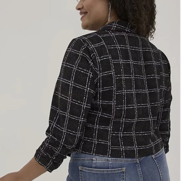 Torrid Open Front Draped Blazer Size 2 (18/20) Black White Windowpane Plaid - Picture 5 of 7